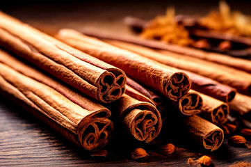 Close-up of ceylon cinnamon sticks on wooden table, top view. Rustic style of Sri lankan cinnamon sticks, natural spices for advertising banner or poster. Delicious healthy concept. Copy ad text space - obrazy, fototapety, plakaty