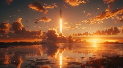 A rocket launch Rocket flying through clouds at sunset Space shuttle launches at sunset filled with clouds - obrazy, fototapety, plakaty