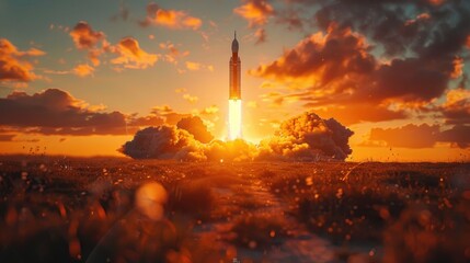 A rocket launch Rocket flying through clouds at sunset Space shuttle launches at sunset filled with clouds - obrazy, fototapety, plakaty