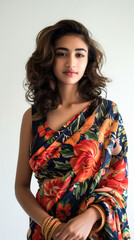 Young woman model wearing printed saree