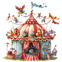 A whimsical circus with jugglers and tightrope walker