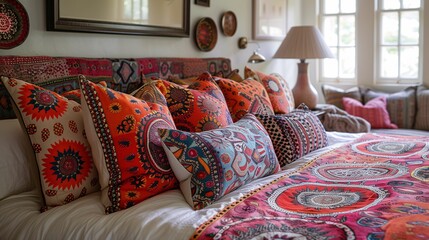 Bohemian Style Bedroom with Decorative Pillows and Quilt