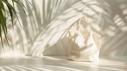 white bag made of eco material on a white background with a shadow from palm leaves