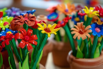 array of vibrant plasticine flowers in a clay pot