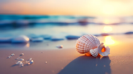 Fototapeta na wymiar Small conch shells on the beach, blurred beach and bokeh background
