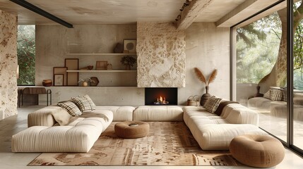 Modern Living Room with Textured Walls and Cozy Fireplace