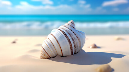 Fototapeta na wymiar Small conch shells on the beach, blurred beach and bokeh background