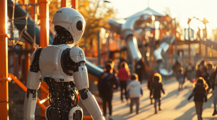Humanoid robot looking out at a park bathed in the warm light of a setting sun,ai generated