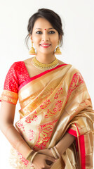 Young indian woman model wearing patola saree on white background, beautiful