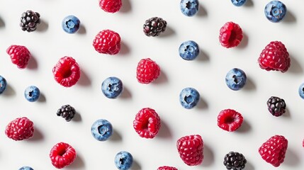 Raspberries and blueberries arranged on a white surface creating high contrast berry circles,...