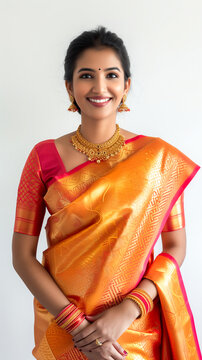 Young indian woman model wearing kanchipuram saree