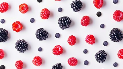 Assorted berries and raspberries neatly arranged on a white surface creating a high-contrast...