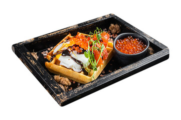 Delicious Waffle with smoked salmon fillet, poached egg and red caviar Isolated, Transparent...