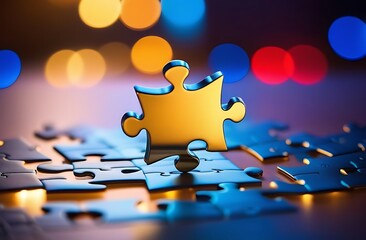 An abstract close-up of a puzzle piece fitting into a larger puzzle with bokeh lights