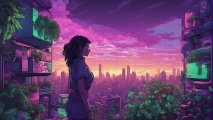 Generative AI. Neon glow art cityscape. Apartments, futuristic, Skyline shot. Beautiful girl standing on terrace. mesmerizing sunset shot. Urban area bathed in neon glow.