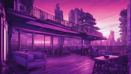 Generative AI. beautiful Neon glow art cityscape. Apartments, futuristic, Skyline shot. Beautiful girl standing on terrace. mesmerizing dawn shot. Urban area bathed in neon glow.