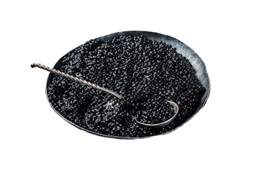 Luxury Black Sturgeon caviar in steel plate on ice.  Isolated, Transparent background.