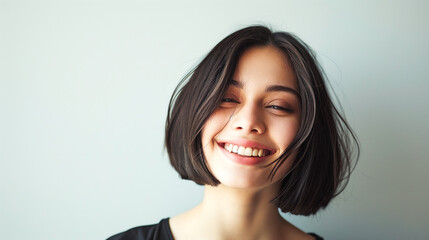 Young woman with blunt bob short hairstyle on white background
