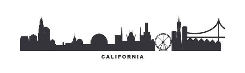 USA California state skyline with cities panorama. Vector flat banner, logo for America region. Los Angeles, San Francisco, San Diego silhouette for footer, steamer, header. Isolated graphic - obrazy, fototapety, plakaty