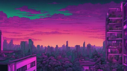 Generative AI. mesmerizing Neon glow art cityscape. colorful city view. City Bathed in Neon Lights. Terrace of building. Apartments, futuristic, Sunset, Skyline shot. Beautiful scene of urban area.