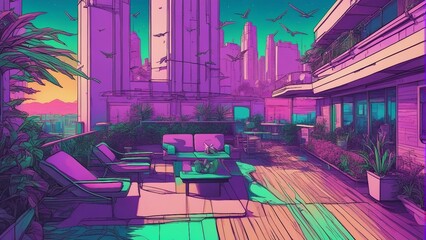 Generative AI. mesmerizing Neon glow art cityscape. colorful city view. City Bathed in Neon Lights. Terrace of building. Apartments, futuristic, Sunset, Skyline shot. Beautiful scene of urban area.