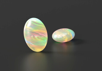 Opal round oval isolated on black background 3d rendering	
