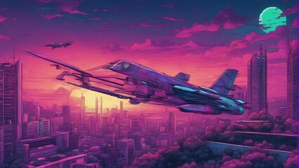 Generative AI. mesmerizing Neon glow art cityscape. colorful city view. City Bathed in Neon Lights. Terrace view of building. Apartments, futuristic, Sunset, Skyline shot. airplanes taking off.  