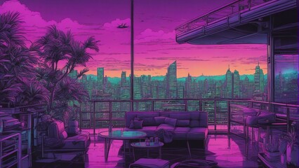 Generative AI. mesmerizing Neon glow art cityscape. colorful city view. City Bathed in Neon Lights. Terrace view of building. Apartments, futuristic, Sunset, Skyline shot. Birds flying above. 