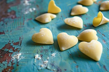 Fototapeta na wymiar uncooked heartshaped pasta on a rustic blue surface