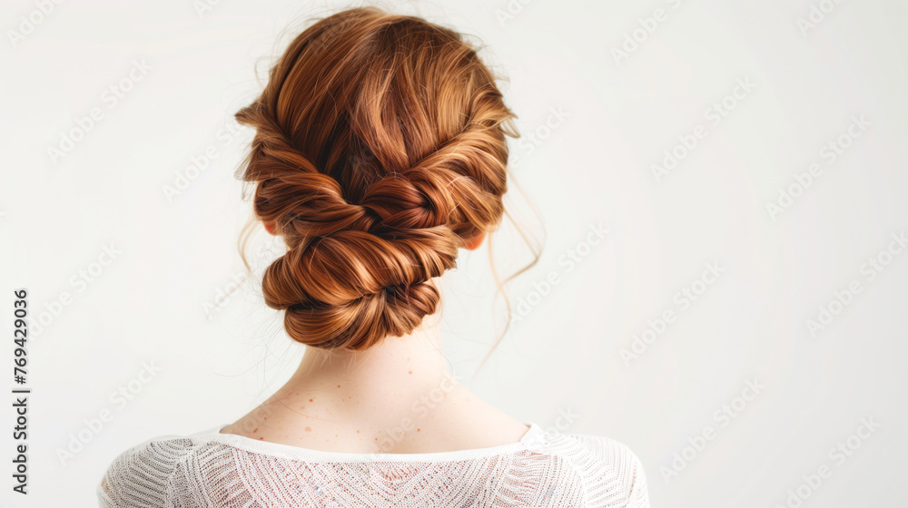 Poster Young woman with braided low-bun hairstyle on white background