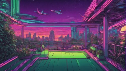 Generative AI. mesmerizing Neon glow art cityscape. colorful city view. City Bathed in Neon Lights. Terrace view of building. Apartments, futuristic, Sunset, Skyline shot. Birds flying above. 