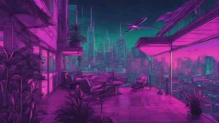 Generative AI. mesmerizing Neon cityscape. colorful city view. Capturing the Mesmerizing Beauty of a City Bathed in Neon Lights. Terrace view of a building. Apartments, neon glow art, futuristic. 