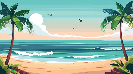 Fototapeta na wymiar Seascape beach scene with palms flat cartoon vactor