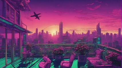 Generative AI. mesmerizing Neon cityscape. colorful city view. Capturing the Mesmerizing Beauty of City Bathed in Neon Lights. Terrace view of building. Apartments, neon glow art, futuristic, Sunset.
