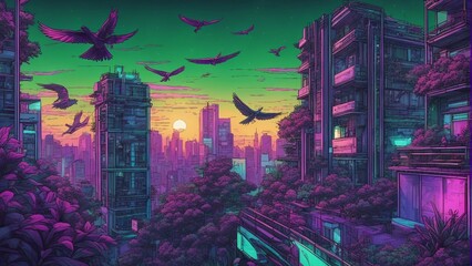 Generative AI. mesmerizing Neon cityscape. colorful city view. Capturing the Mesmerizing Beauty of a City Bathed in Neon Lights. terrace view, birds flying. Dawn. 