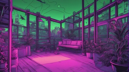 Generative AI. mesmerizing Neon cityscape. colorful city view. Capturing the Mesmerizing Beauty of a City Bathed in Neon Lights. terrace view.