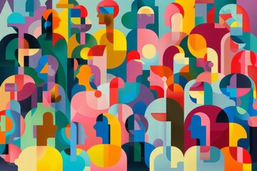 A crowd of diverse people in an abstract vector illustration with geometric shapes and soft gradients - obrazy, fototapety, plakaty