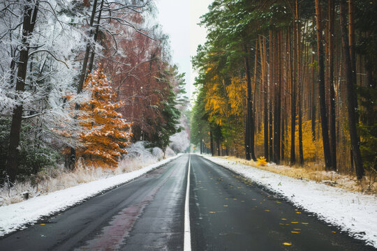 Combining images of winter and summer seasons on a road in the forest visually illustrates the transition from snowy to green landscapes, capturing the changing seasons.