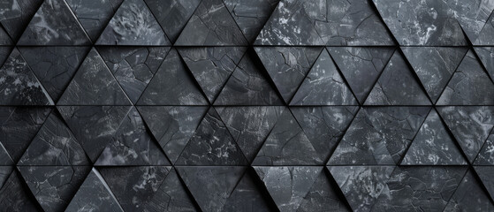 Abstract geometric mosaic of dark black and anthracite gray stone concrete tiles. Features fluted triangular patterns for textured wallpaper. - obrazy, fototapety, plakaty