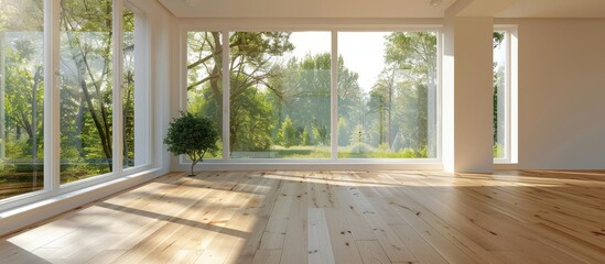 Spacious room with large white windows and wooden flooring - obrazy, fototapety, plakaty