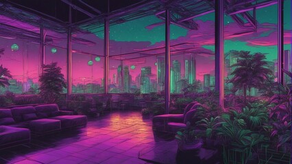 Generative AI. mesmerizing Neon cityscape. colorful city view. Capturing the Mesmerizing Beauty of a City Bathed in Neon Lights. View visible from glass wall in Living room.  