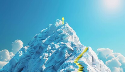 3d render of mountain peak with yellow path lines leading to the top, one point perspective, bright blue sky background, with arrow pointing upwards and location pin at summit