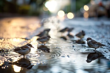 row of birds bathing in a shallow street puddle