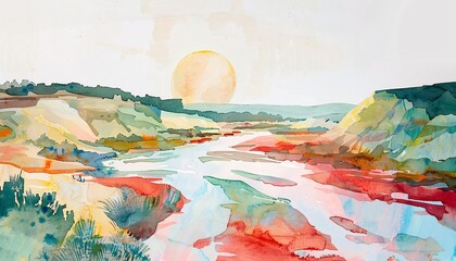 Sunrise Serenity A Watercolor Painting of a Sunset Over a River Generative AI