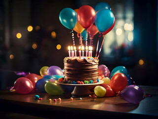 Delicious birthday anniversary cake sweet desert with candles on table for celebration