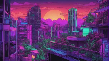 Generative AI. mesmerizing Neon cityscape. colorful city view. Capturing the Mesmerizing Beauty of a City Bathed in Neon Lights. All in purple, cars moving on road, tall buildings around. photo frame.