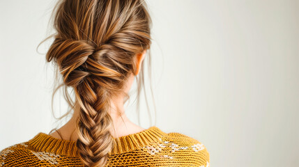 Woman hair style - Young woman with half up half down fishtail braid hairstyle on white background - obrazy, fototapety, plakaty