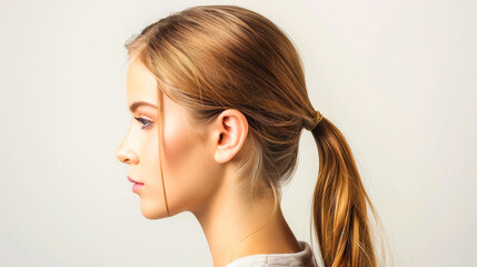 Woman hair style - Young woman with low pony hairstyle on white background