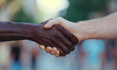 close up hands of African man and white man hand shaking, Generative AI