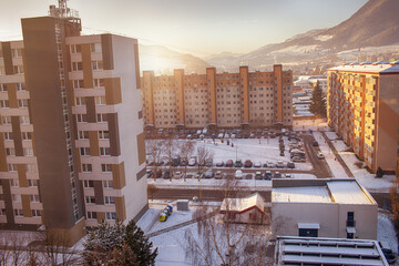 View of a town in winter season.Mountains in background.